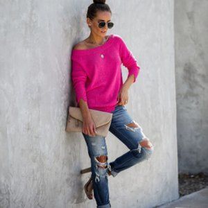 Vici Ambition Distressed Knit Sweater - fuchsia